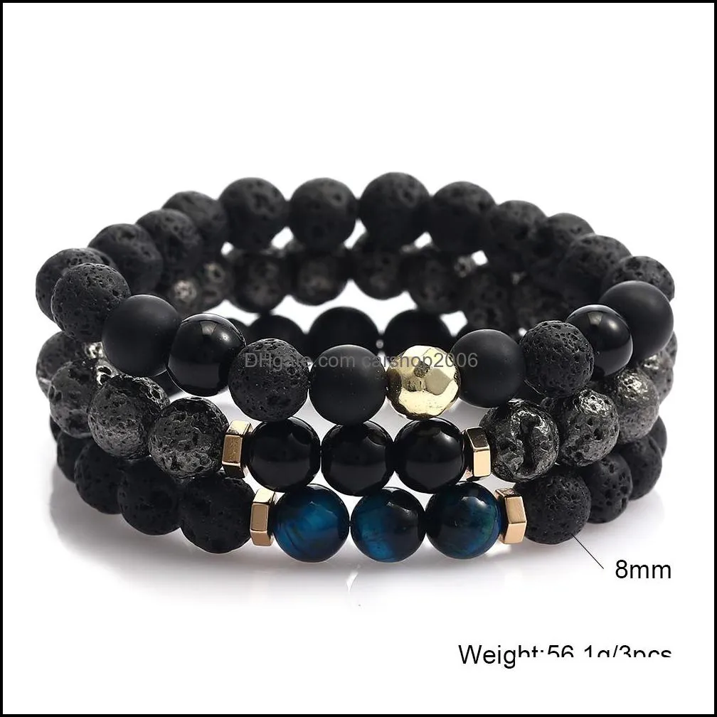 3pcs/set lava rock stone glass bead bracelet chakra charm natural tiger eye stone  oil diffuser chain for women men fashion