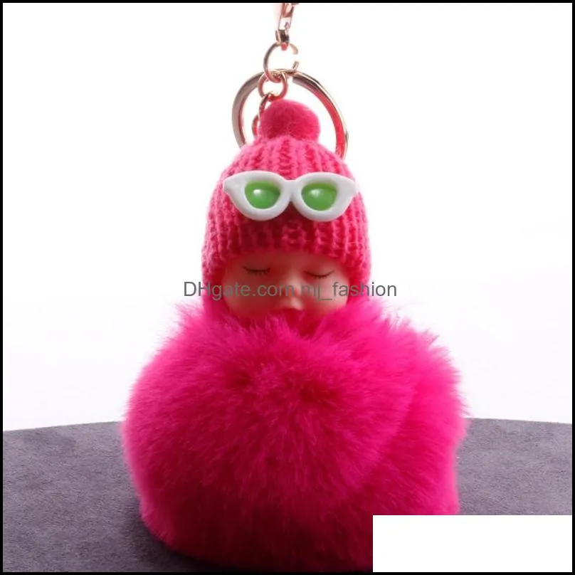 pompom key rings creative glasses sleeping baby doll keychains rabbit fur ball keychain for women girls