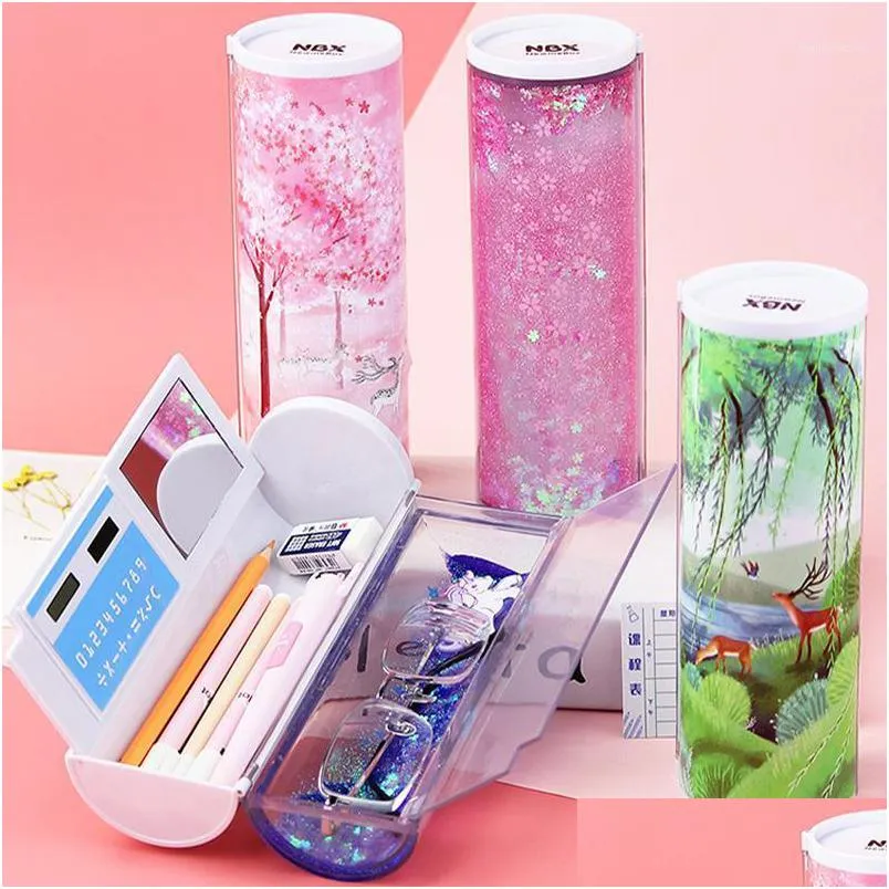 pencil cases 2021 latest sandpaper translucent bag multifunction creative cylinder stationery school pen holder pink blue calculator1