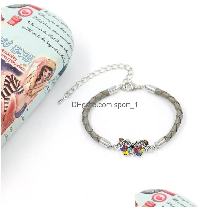 boehmian fashion jewelry colorful butterfly pendant braided leather rope bracelet