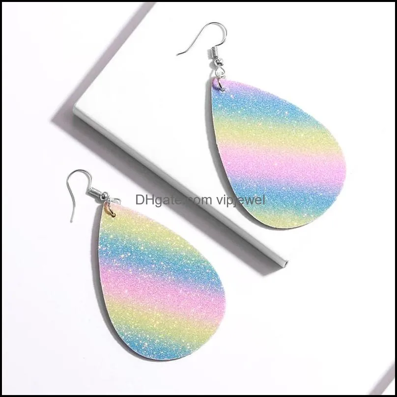 2021 e arrival pu leather waterdrop glitter dangle earring for women 16 colors teardrop silver plating hook statement earrings