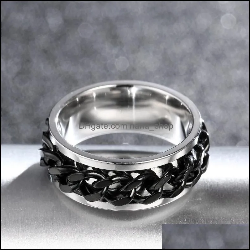 8mm cool black spinner chain ring for men stainless steel rotatable links punk male finger rings women fashion jewelry in bulk