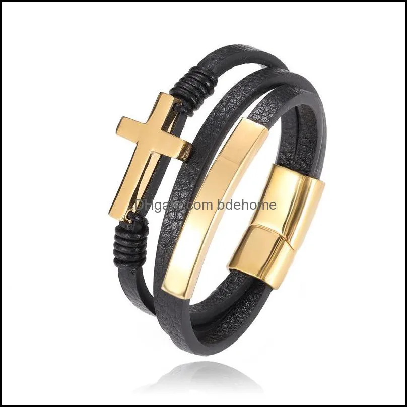 stainless steel leather cuff wrapped bracelet jewelry women bangle men cross bracelets q291fz