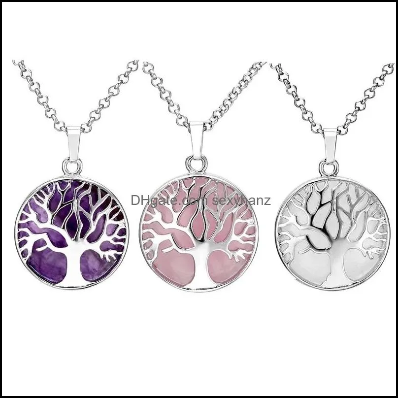 natural stone tree of life gem necklace chakra reiki healing crystals round pendant necklace jewelry