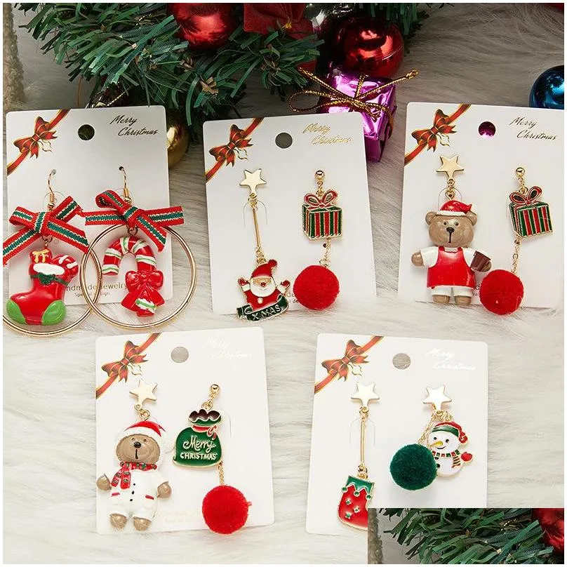 fashion jewelry chirstmas earrings cute bear star snowman plush ball tassels asymmetrical stud earrings christmas accessories