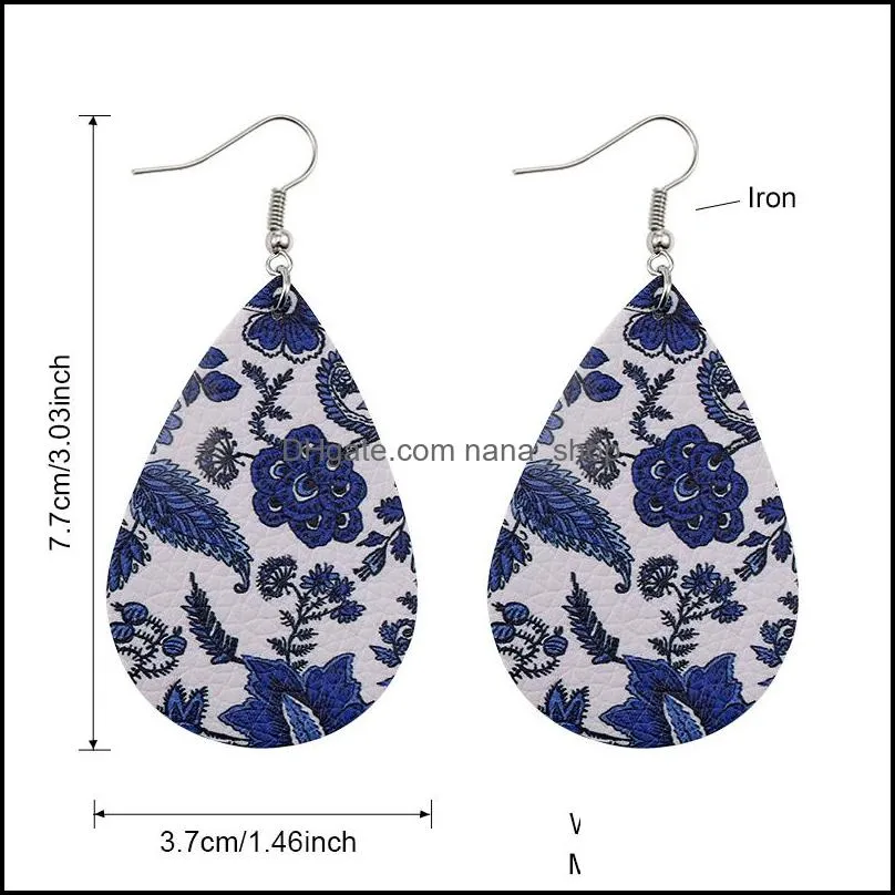 fashion designer pu leather earrings feather pattern printed water drop oval teardrop double side hook earrings for women christmas