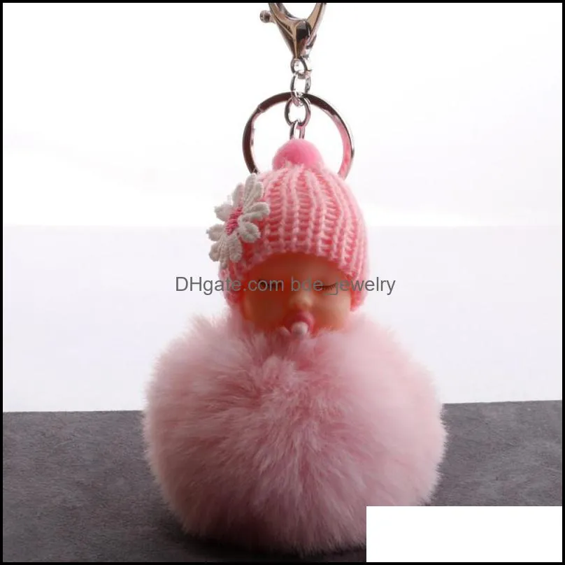 flower key rings sleeping baby doll pompom keychains plush fur ball keychain for women handbag pendant fluffy keyfob