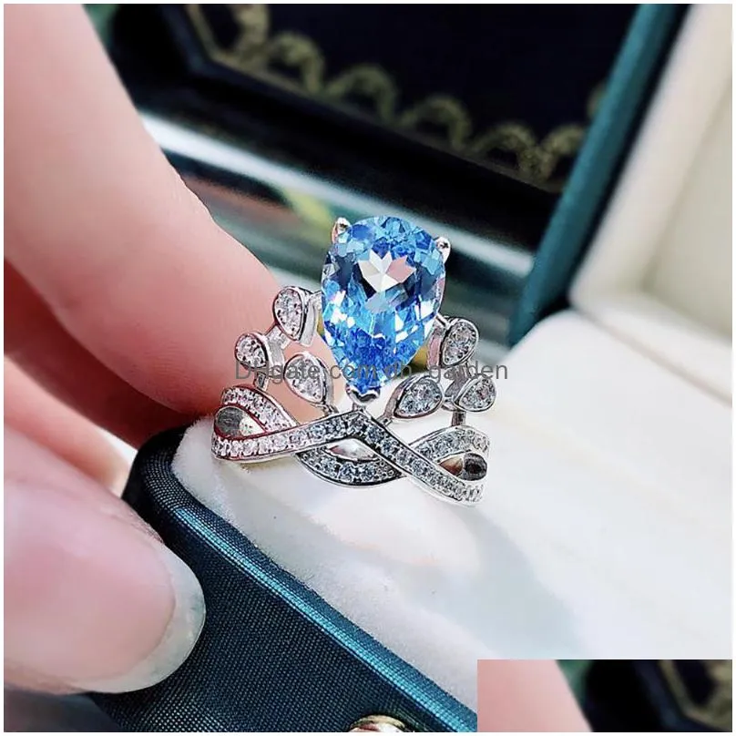 cluster rings 2021 trend 100 real silver for women luxury 8x12mm aquamarine stone high carbon diamond wedding engagement ring jewelry