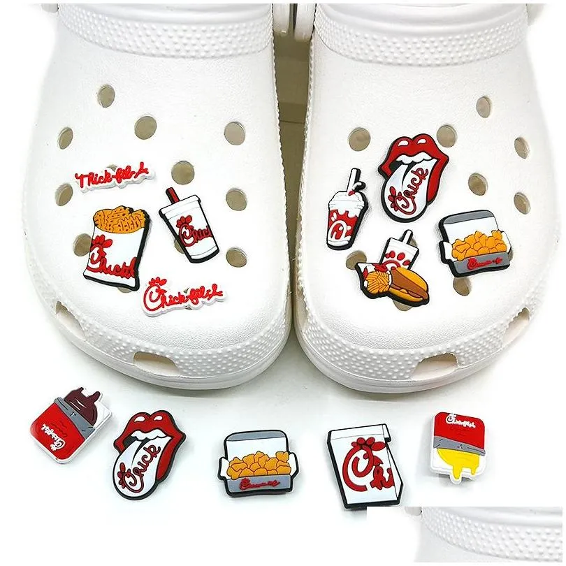 moq 100pcs fried chicken hamburger cola croc jibz 2d soft rubber shoe decorations accessories clog shoe buckles charms kids favor sandals