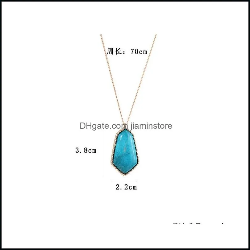 fashion blue turquoise natural stone pendant necklace gold plated long chain necklaces for women jewelry