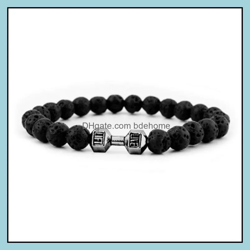 men black lava stone dumbbell beaded bracelet bangles fashion scrub stones barbell bracelets for women jewelry party gifts x14a