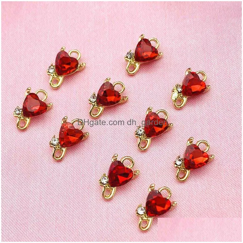 10pcs mini crystal heart shape love charms pendant 13x8mm gold color zinc alloy charm for diy earring jewelry making accessories