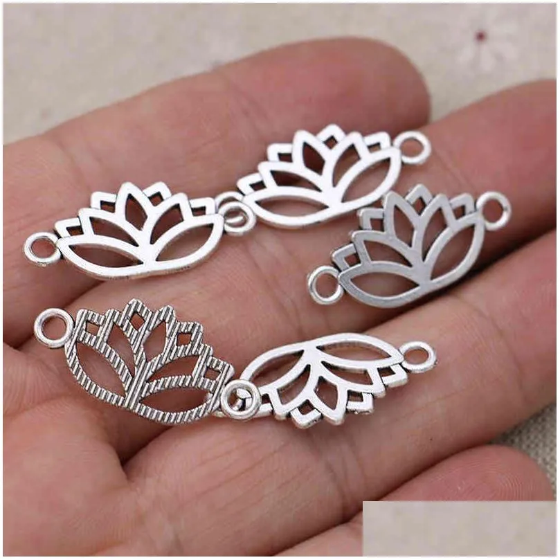 30pcs antique silver plated lotus flower charm connector for jewelry making bracelet accessories diy craft 27x13mm