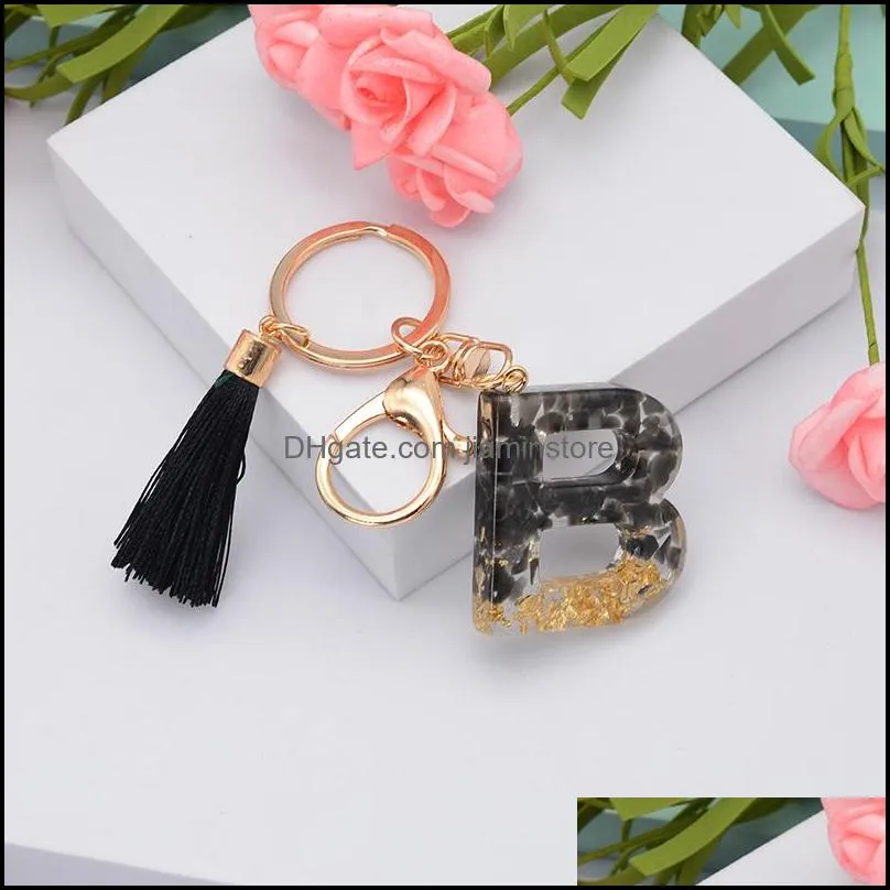 fashion english letter keychain with tassel black az keyring glitter sequins filling resin key chain gifts accessories