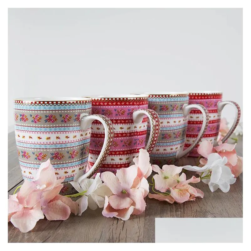 mugs high quality europe style pastoral floral bone china coffe cups with handgrip ceramic drinkware gold edge milk tea cup mug