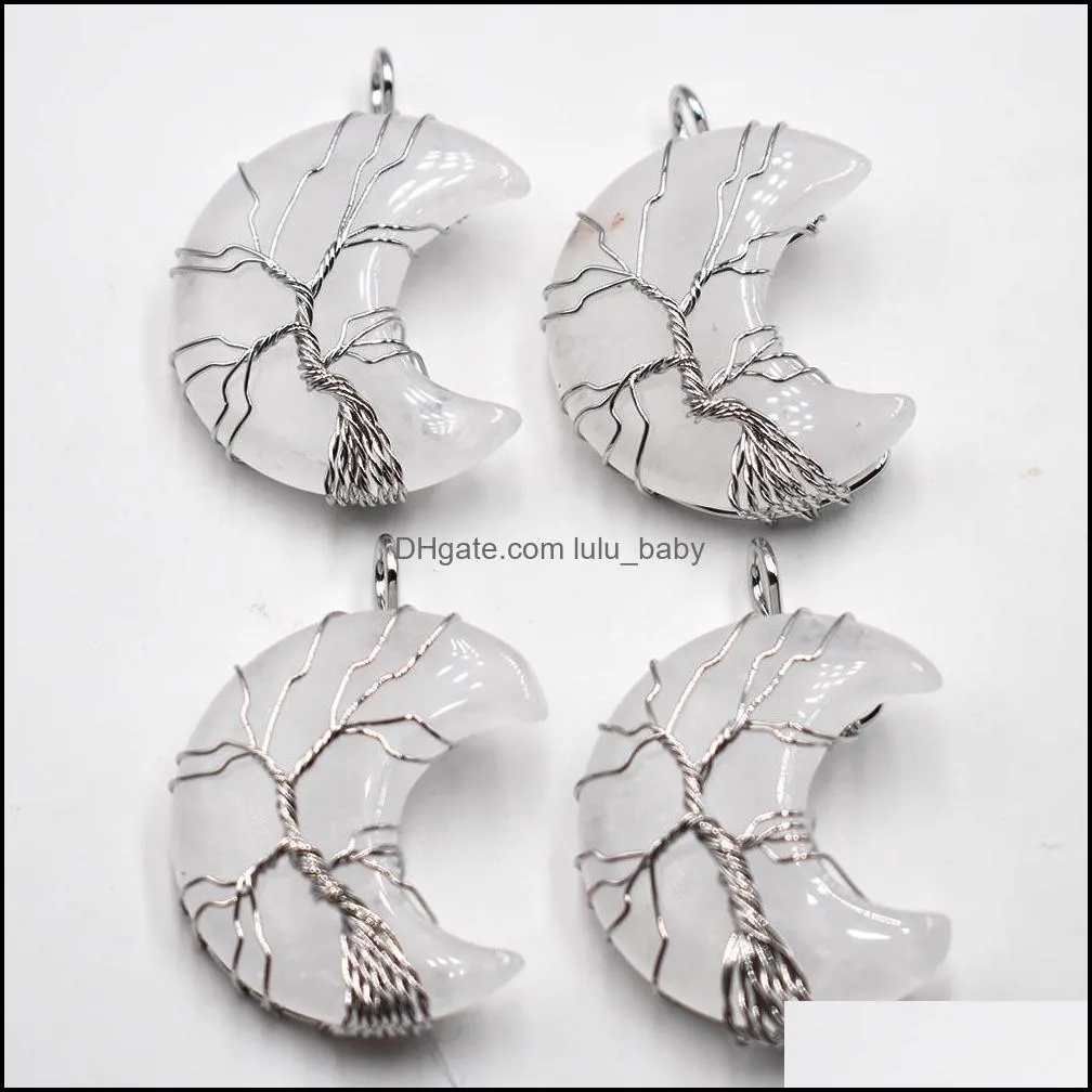 natural crystal pendant tree of life moon shape reiki polished mineral jewelry healing stone for men women jewelry gift