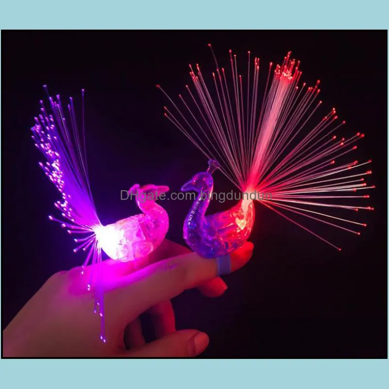 creative peacock led finger ring lights beams party nightclub color rings optical fiber lamp kids children halloween party supplies
