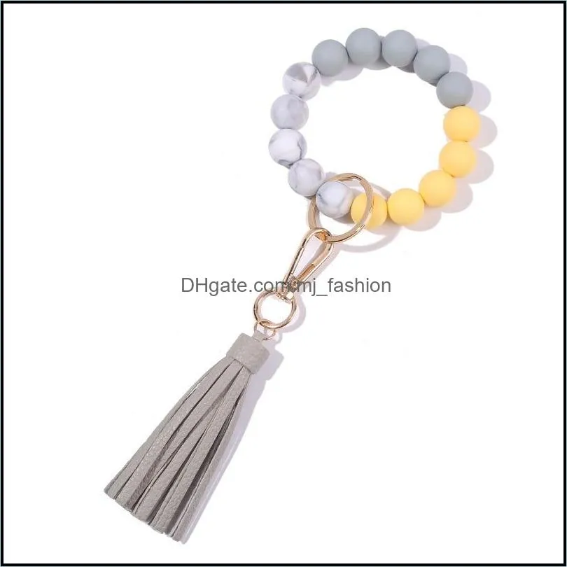 soild color silicone elastic beaded wristlet key rings bracelet personalized tassel bangle jewelry wrist strap q265fz