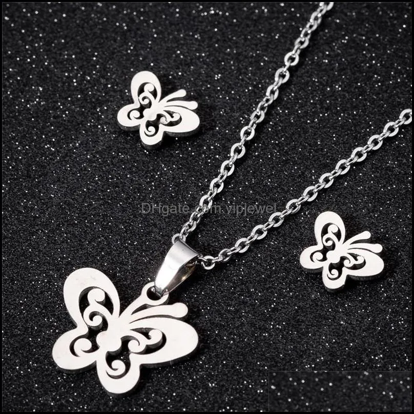  cute butterfly pendant chain necklece stud earring set for women girl gold silver stainless steel dangle earring necklece jewelry