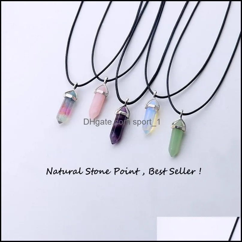 32colors natural stone reiki healing hexagonal bullet opal amethysts quartz pink crystal chakra pendulum pu chain necklace