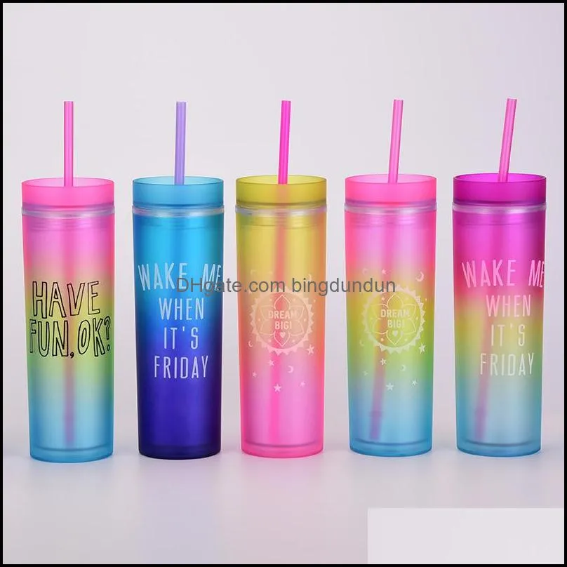 450ml gradient color tumbler with straws summer party drinks cup reusable plastic skinny tumblers rra12474