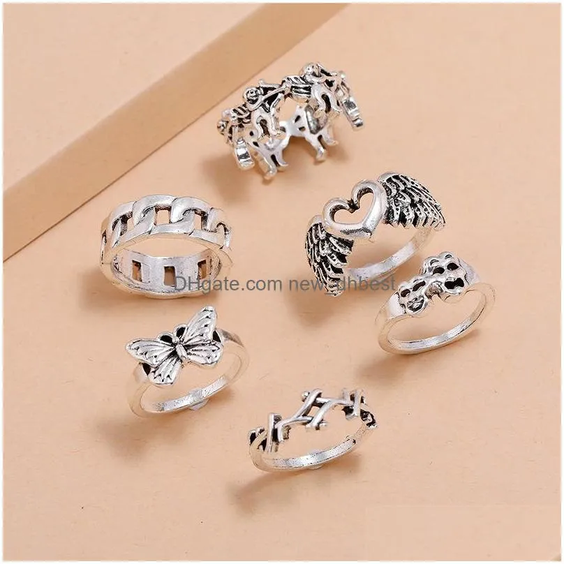 fashion jewelry knuckle ring set gold silver heart wings cupid butterfly skull thorn stacking rings midi rings sets 6pcs/set