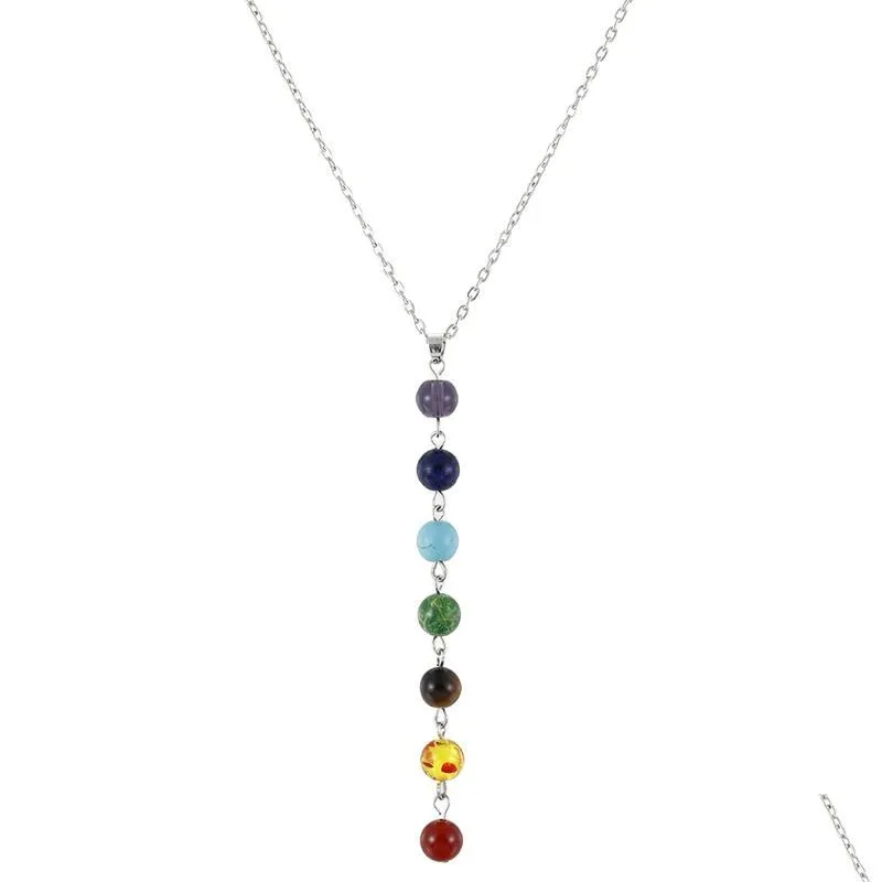 simple style 7 chakra multicolor natural stone beads pendant necklace long chain for women sliver color charm collier collares yoga