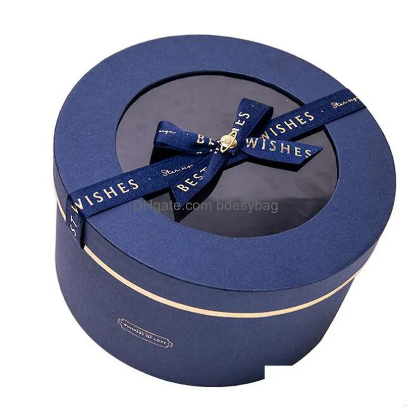 gift wrap highgrade hollowout box blue round rectangular bronzing embossed pattern ribbon year party scarf jewelry paper box1