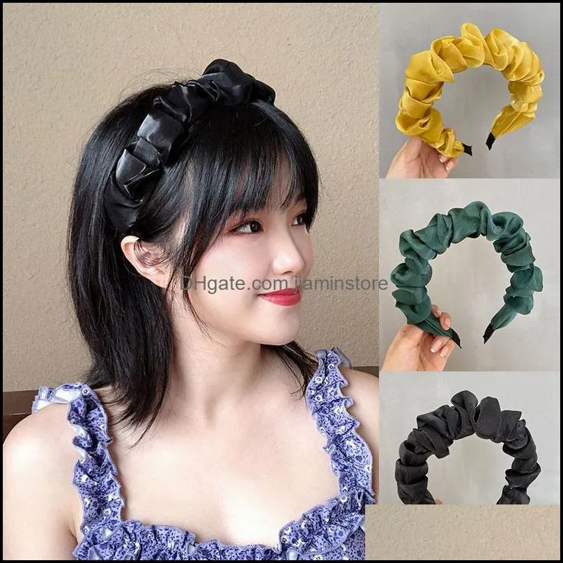 fashion solid color sliky padded pleated hairband for women autumn scrunchies headband retro hair hoop female hair accessories