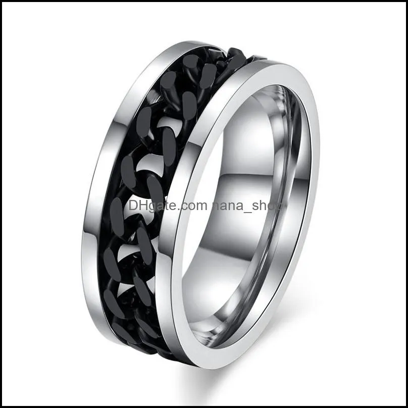 8mm cool black spinner chain ring for men stainless steel rotatable links punk male finger rings women fashion jewelry in bulk