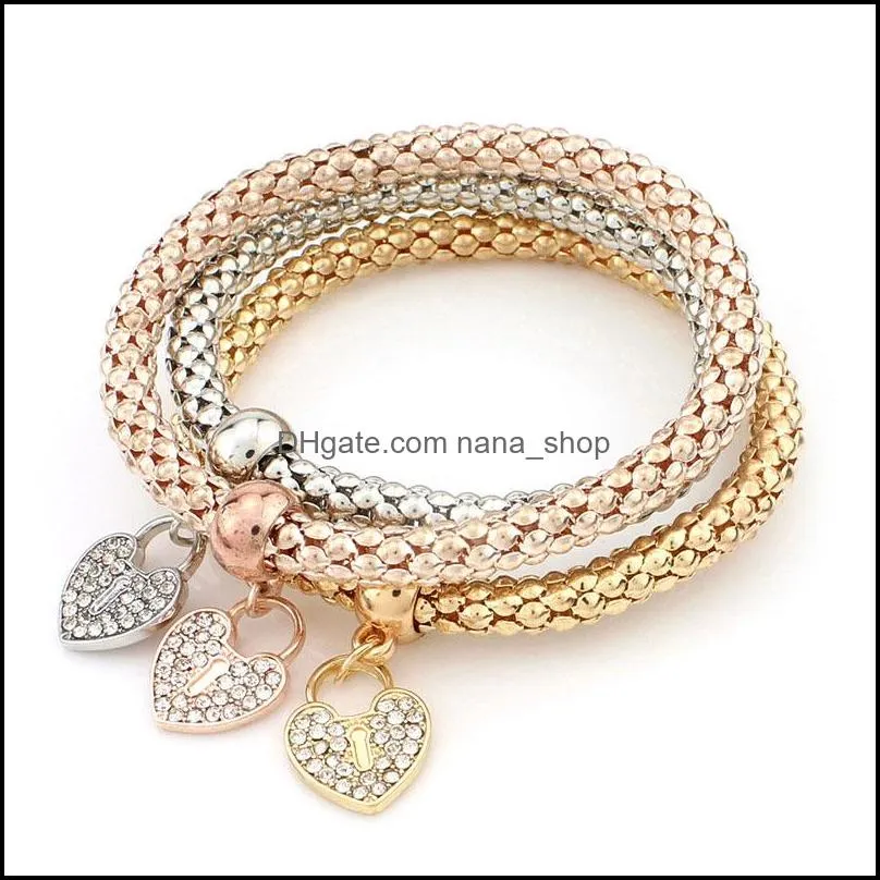 fashion jewelry bracelets 3 pieces set threecolour elastic crystal bar setting women bangle owl heart charm for bracelet jewelry