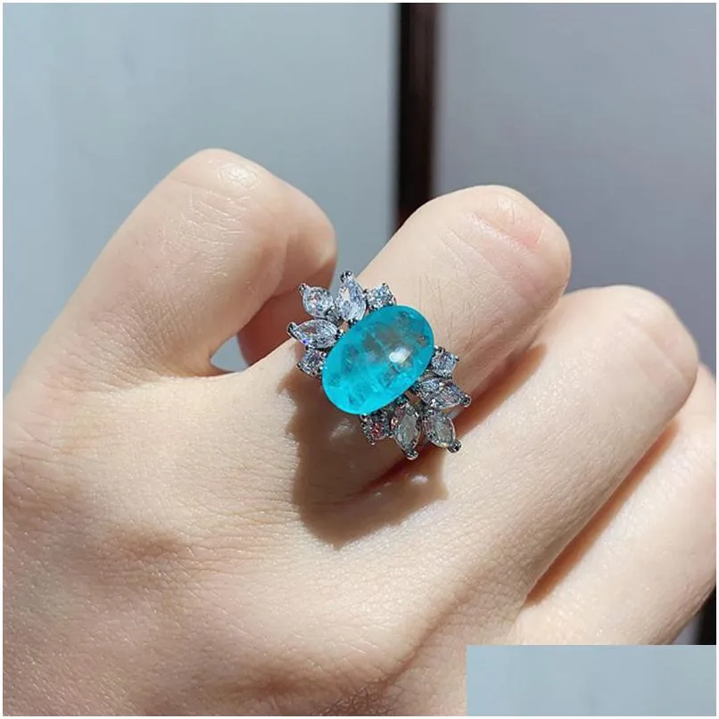 cluster rings charms sterling 925 silver 8x12mm paraiba tourmaline emerald gemstone for women high carbon diamond fine jewelry
