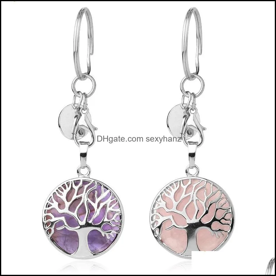 natural stone original keychains tree of life keyring silver color healing crystal car decor key rings keyholder for women men