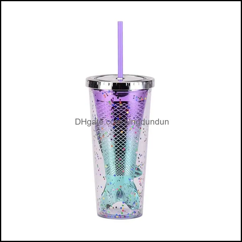 new350ml as doublelayer plastic tumbler gradient color mermaid tail electroplated sequined water cups with straws sea way rrd12515