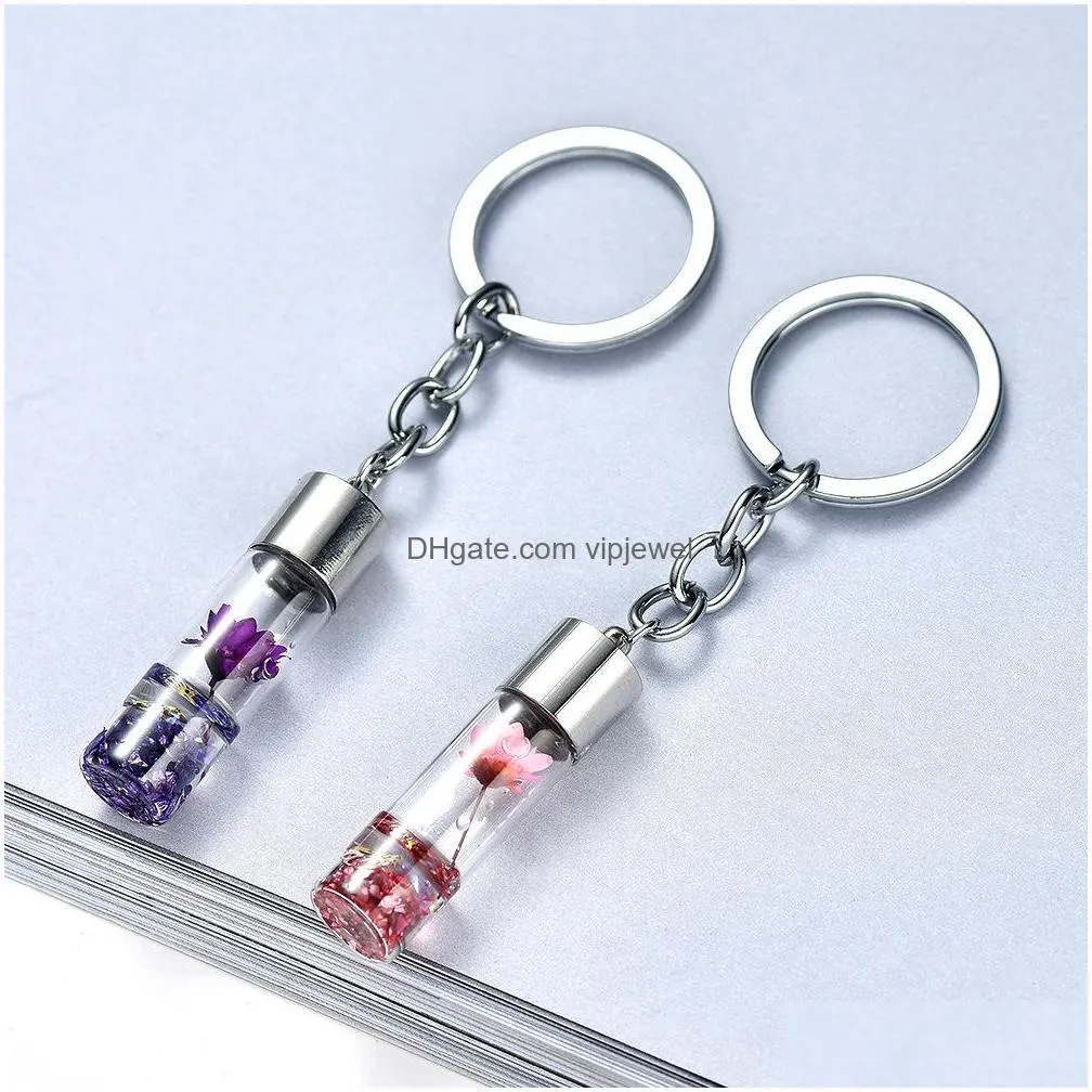 fashion jewelry bottle pendant key chain glass dry flower keychains pendant key ring