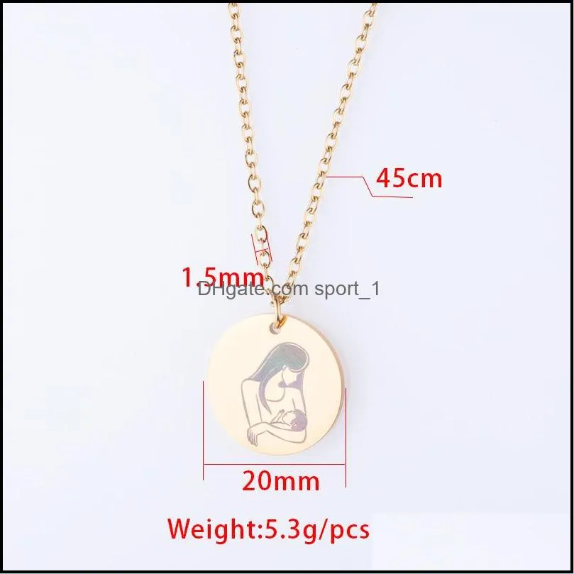 stainless steel mother baby cartoon pendant necklace moms love minimal round piece engraved silver gold colors jewelry for mothers day birthday