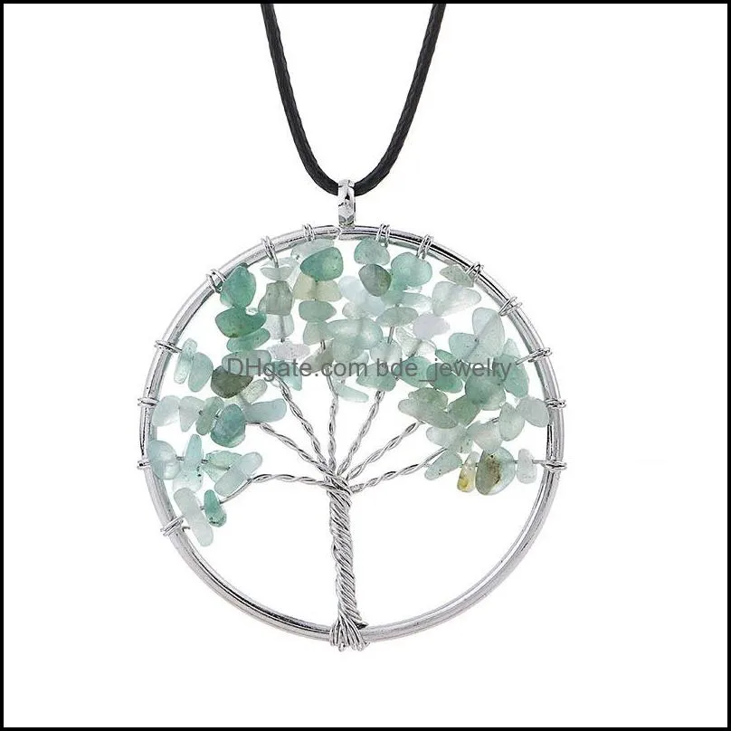 7 chakra tree of life pendant necklaces healing natural crystal gravel stone charm leather wax rope chain for women fashion jewelry