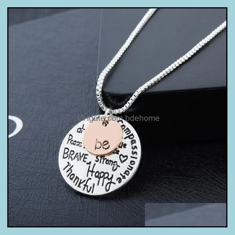  twotone be graffiti friend brave happy strong thankfull lettering charm round pendant necklaces for womens fashion