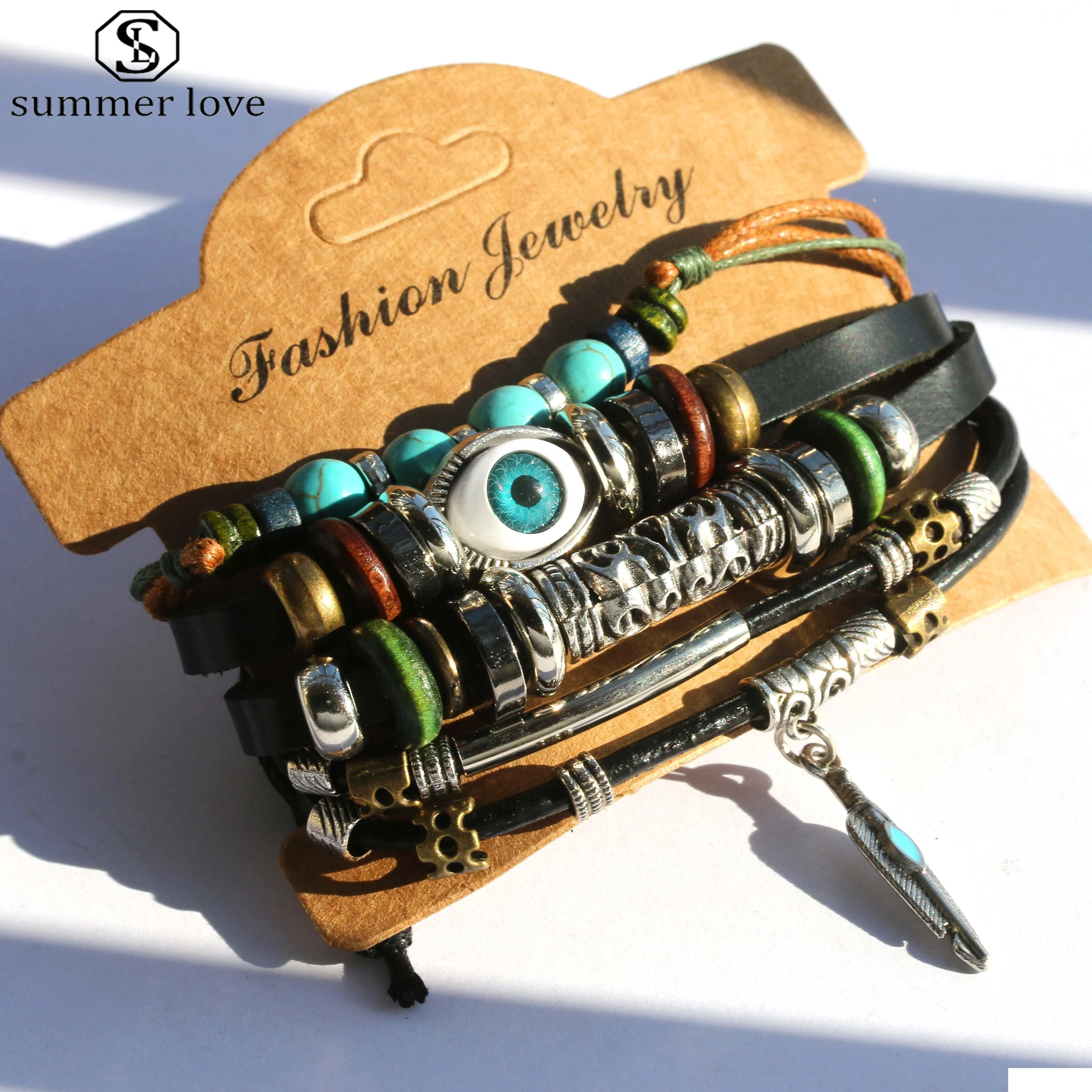 vintage evil lucky eye multilayer leather bracelet for women men adjustable size wood alloy beads charm bracelet fashion jewelry gift