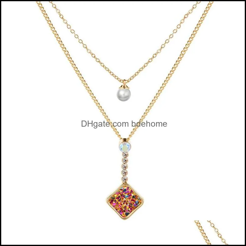 2019 fashion shiny druzy pendant layered necklaces square natural stone faux pearl charm gold chains choker for women jewelry gift