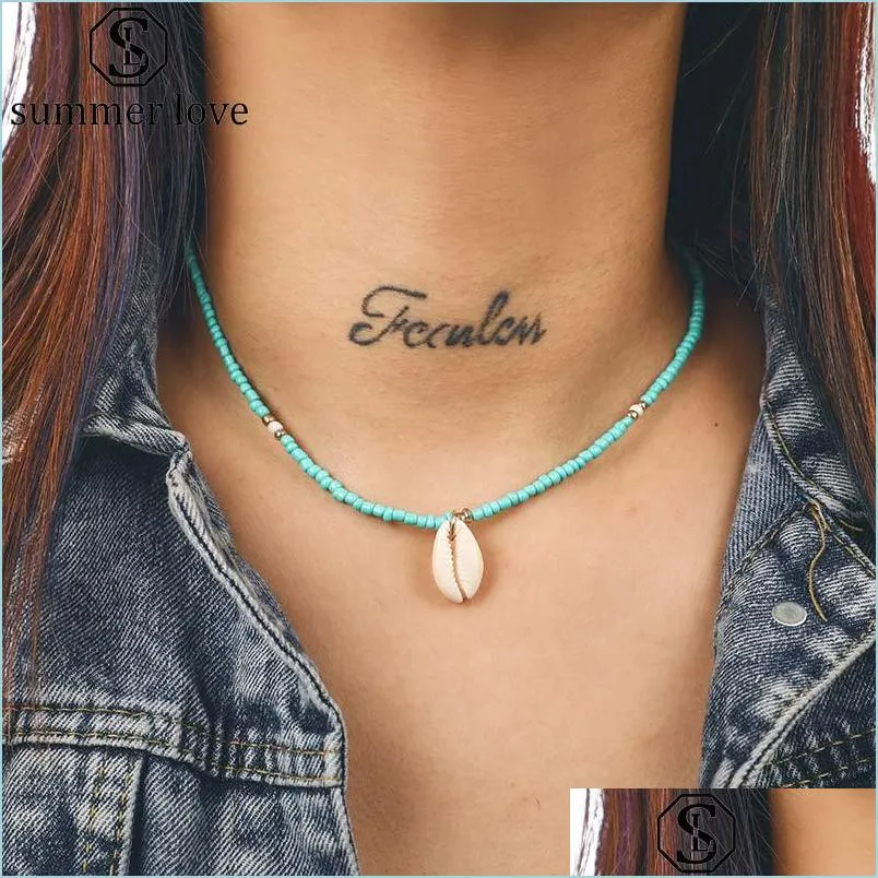 2019 fashion shell pendant choker necklace for women green nature stone beads chain necklace trendy jewelry gift