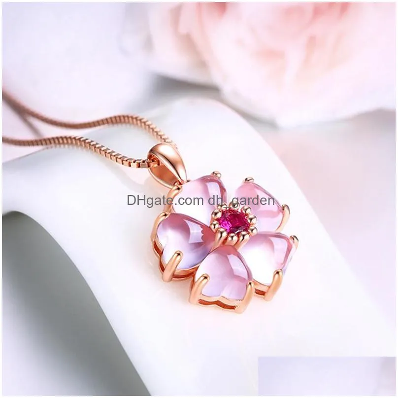 sweet cute female pink crystal flower pendant necklace charming womens wedding clavicle chain fashion party jewelry girl gifts