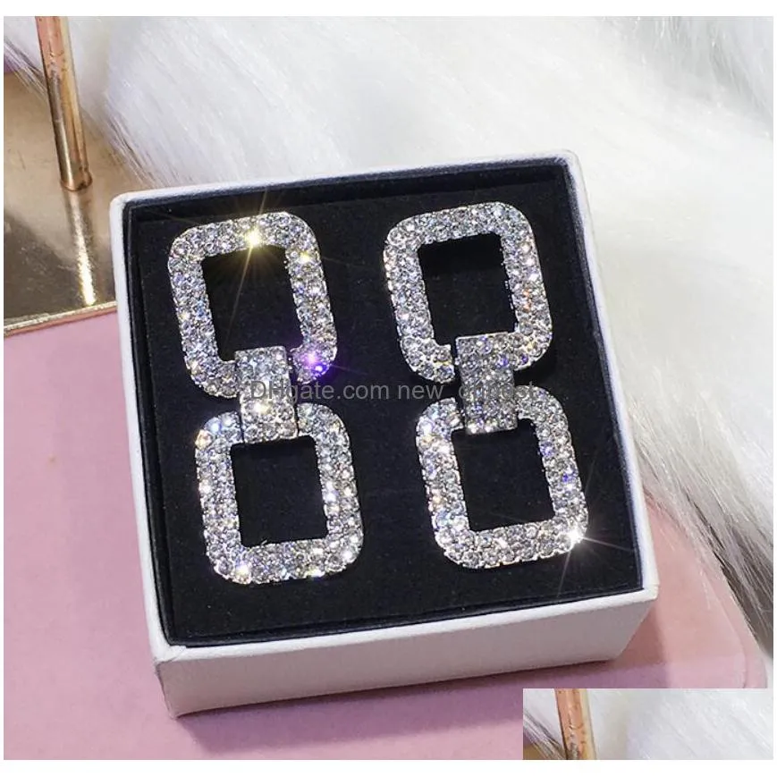 fashion jewelry s925 silver post geometry rectangular rhinstone stud earrings
