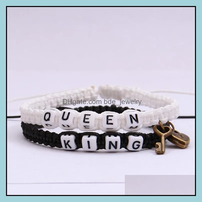 2pcs/lot her king and his queen charm couple bracelets for women men vintage key lock braided rope wrap bangle fashion lovers jewelry