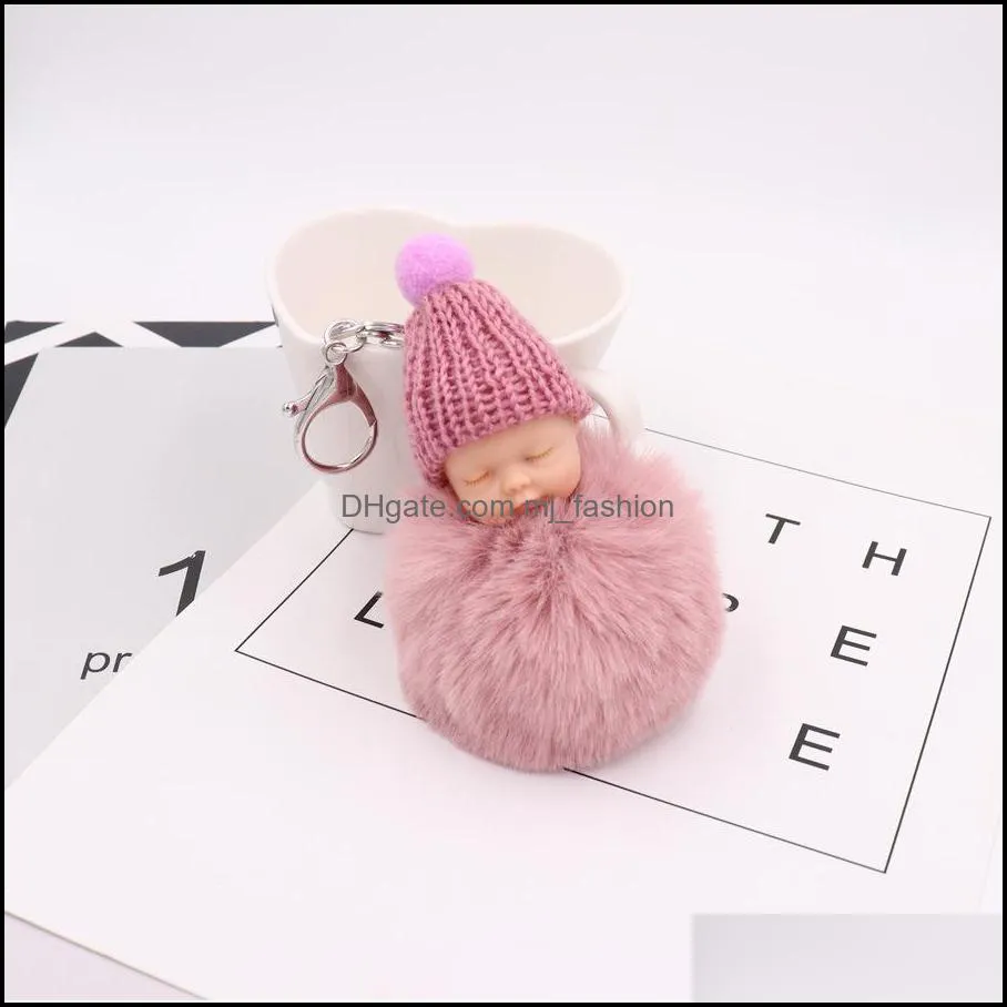 fluffy pompom key rings rabbit fur ball keychains high quality sleeping baby doll keyfobs holder for women pendant keyring