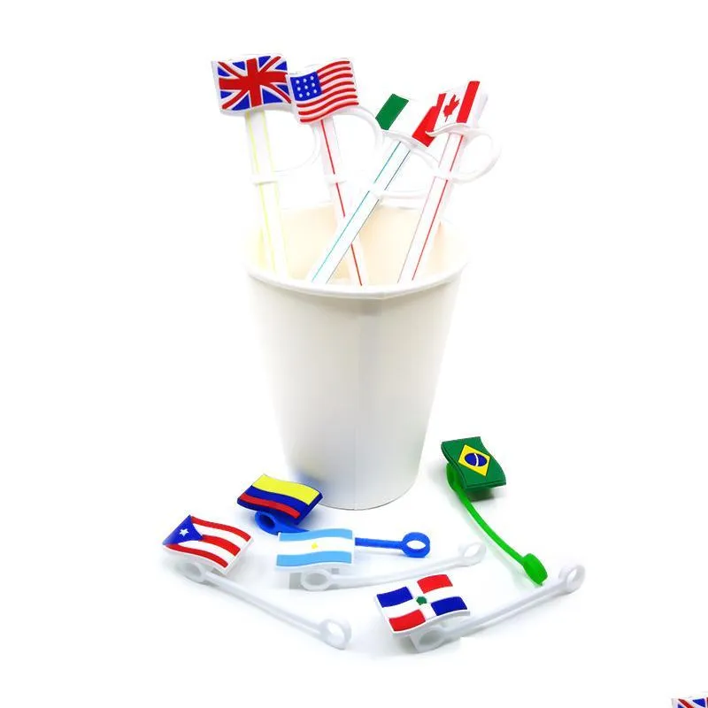 national flag pattern soft silicon straw toppers accessories charms reusable splash proof drinking decorative straw suit for 8mm in tumbler cup party