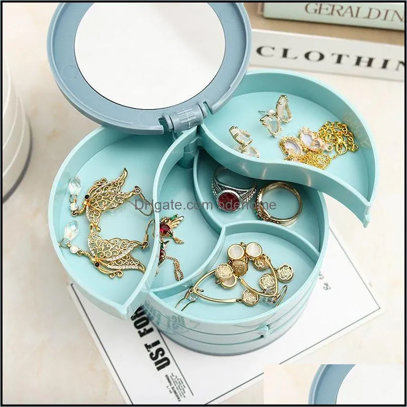 multilayer rotating plastic jewelry storage box stand earrings ring box cosmetics beauty container organizer with mirror 10x10cm