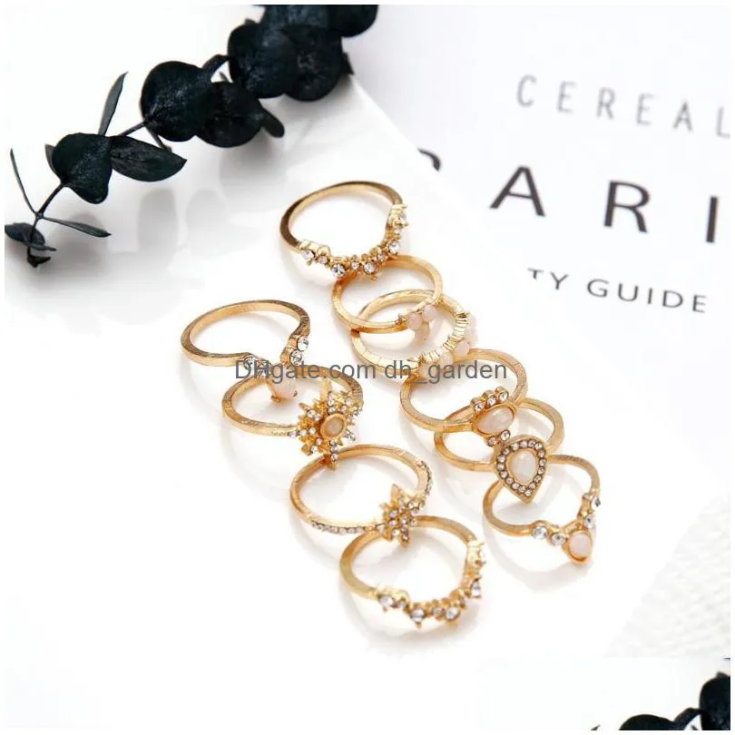 cluster rings european and american jewelry fashion temperament stars water drop rhinestone protein alloy ring set of 10 for women