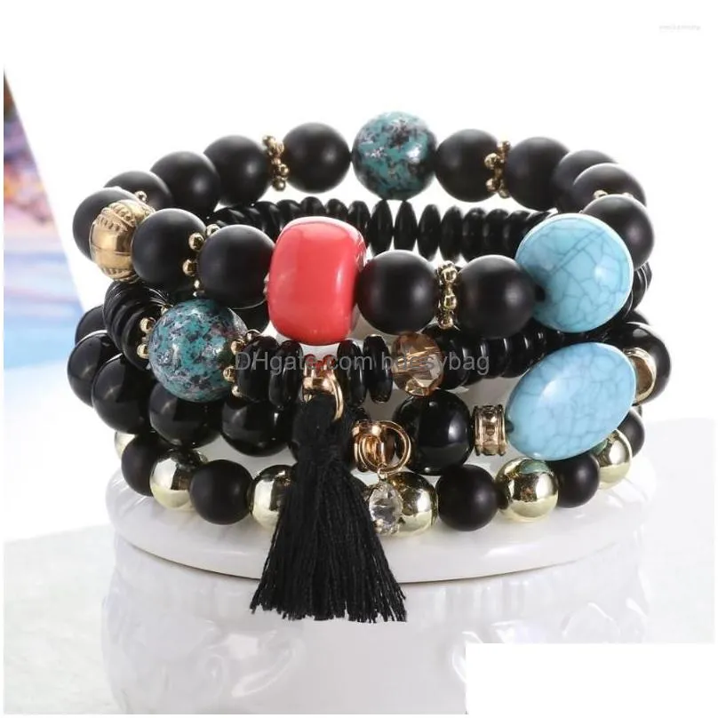 strand cute wood black bead bohemia elastic charms bracelets bangles wooden beads bracelet multilayers pulseras women