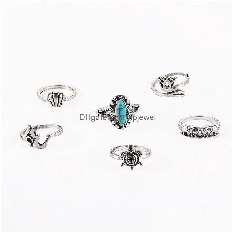 fashion jewelry knuckle ring set geometric animal turtle elephant crown turquoise stacking rings set 6pcs/set